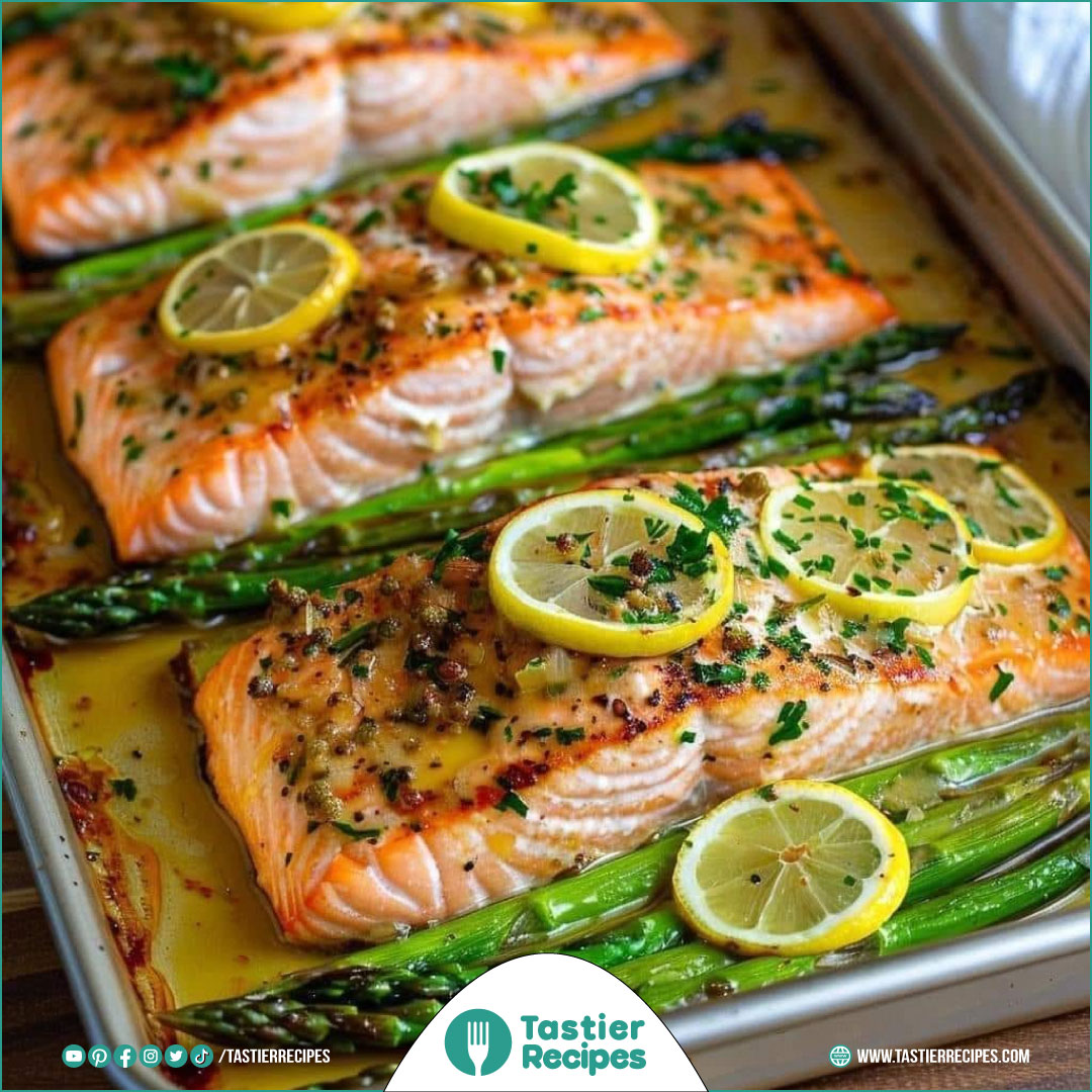 Baked Salmon Recipe with Asparagus and Garlic Lemon Butter Sauce